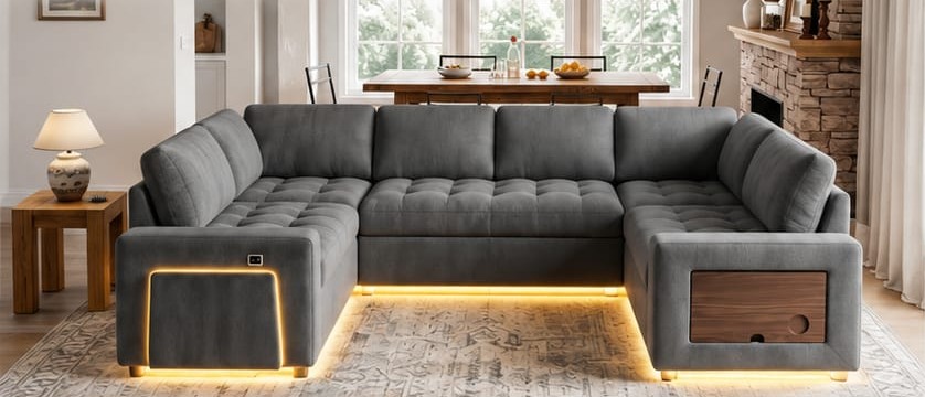 A grey modular corner sectional with LED underlight and a storage arm